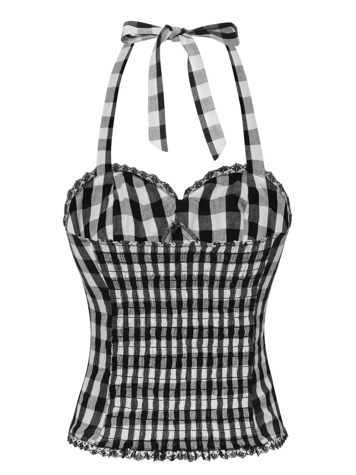 Black 1950s Plaid Halter Lace Bow Top sold by Retro Stage product image thumbnail 5
