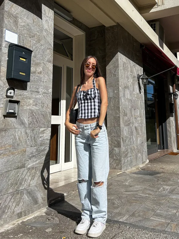 Black 1950s Plaid Halter Lace Bow Top sold by Retro Stage