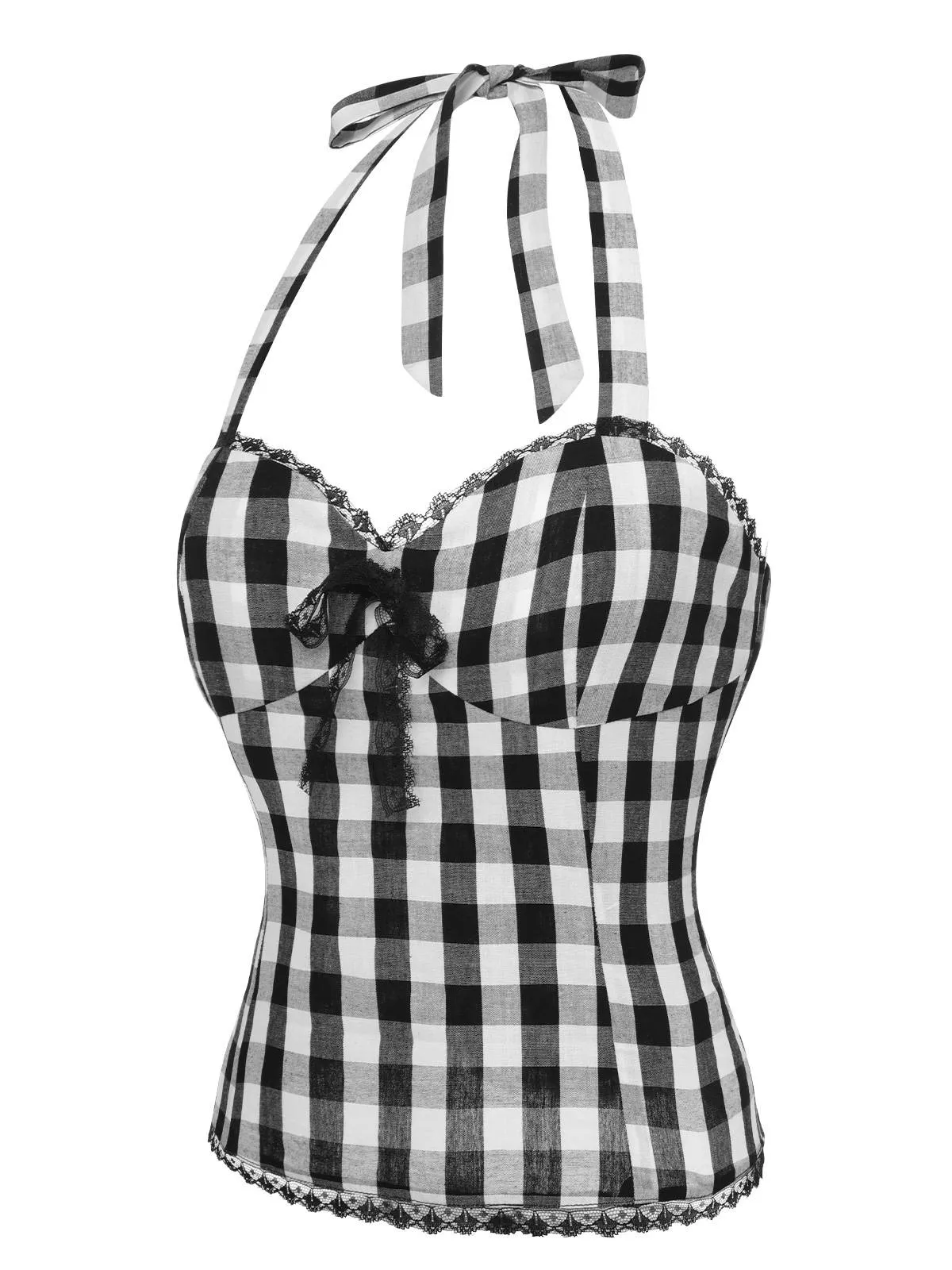 Black 1950s Plaid Halter Lace Bow Top sold by Retro Stage product image thumbnail 4
