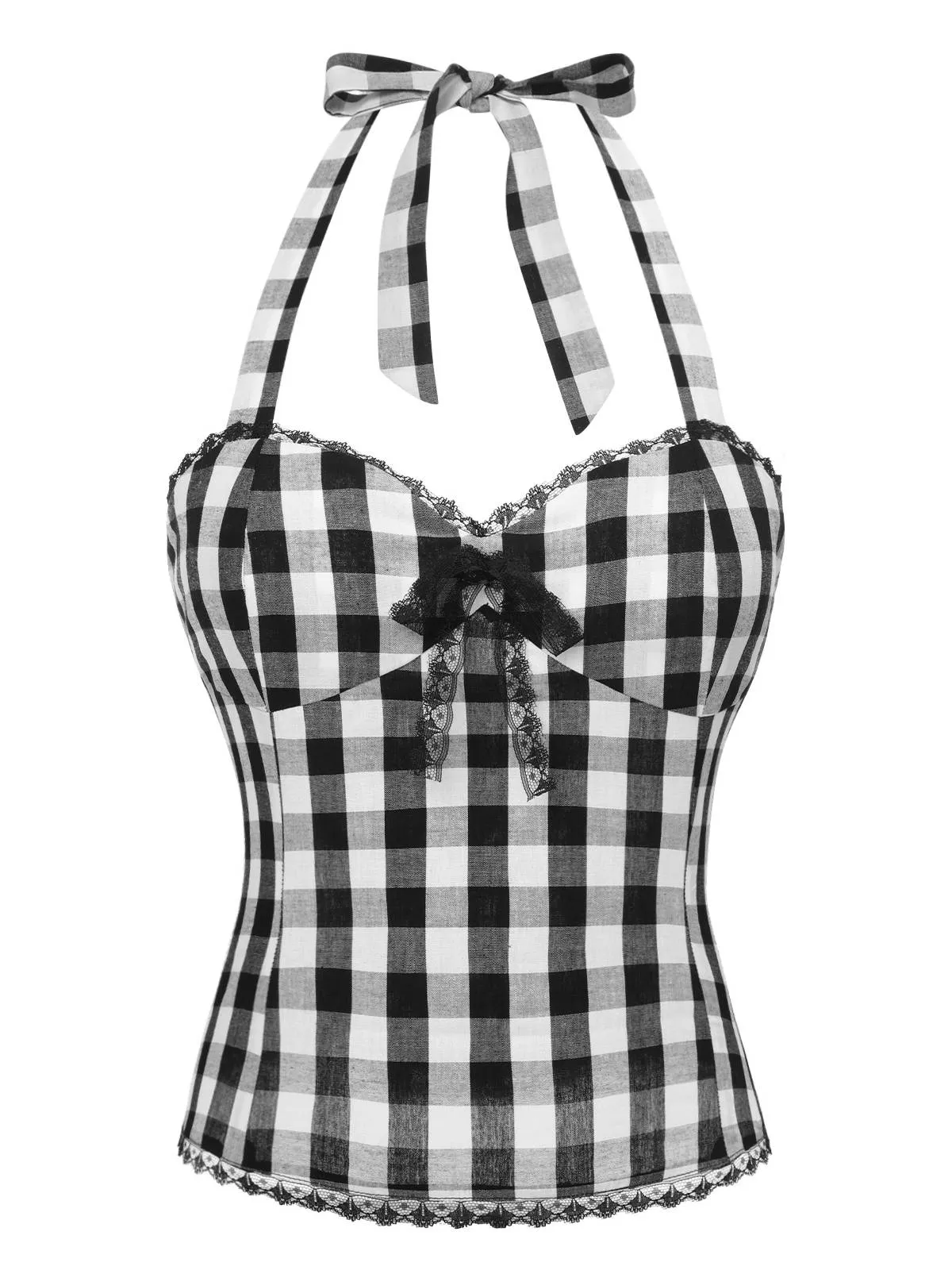 Black 1950s Plaid Halter Lace Bow Top sold by Retro Stage product image thumbnail 3
