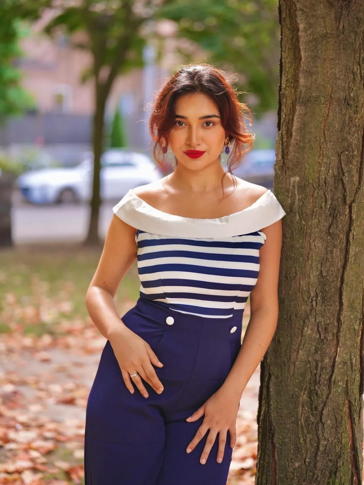 Dark Blue 1930s Stripe Off-Shoulder Jumpsuit sold by Retro Stage