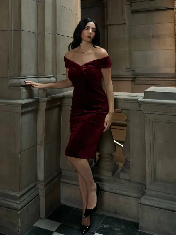 Wine Red 1960s Velvet Bodycon Dress sold by Retro Stage