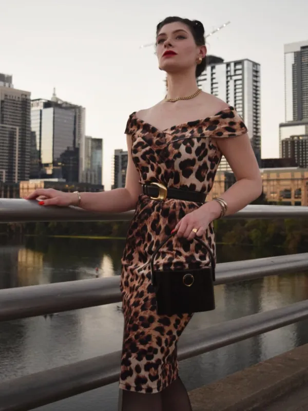 1960s Off-shoulder Leopard Pencil Dress sold by Retro Stage