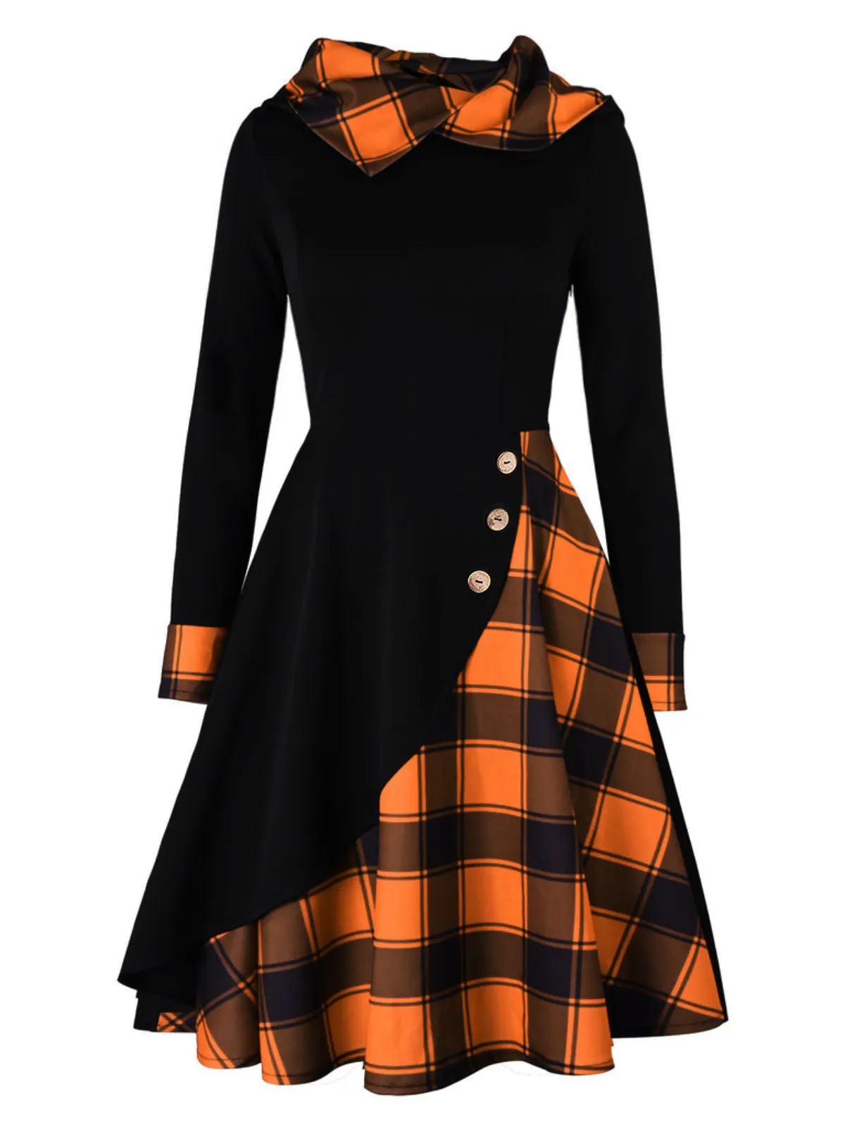 Orange 1950s Plaids Hooded Patchwork Dress sold by Retro Stage product image thumbnail 2