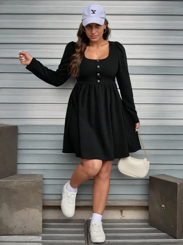 [Plus Size] Black 1950s Square Neck Solid Dress sold by Retro Stage