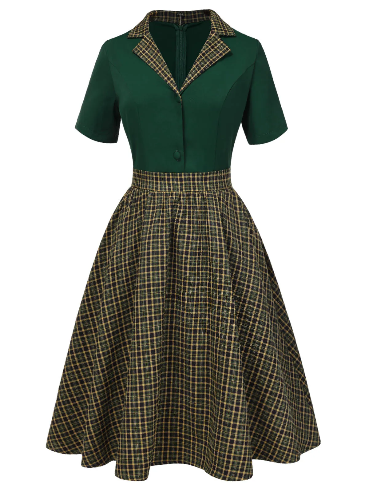 Green 1950s Plaid Patchwork Lapel Dress sold by Retro Stage product image thumbnail 2