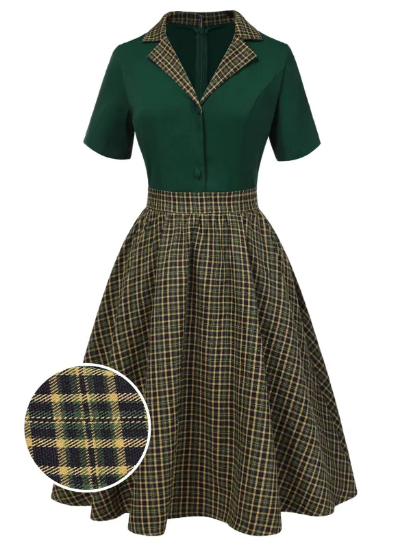 Green 1950s Plaid Patchwork Lapel Dress sold by Retro Stage