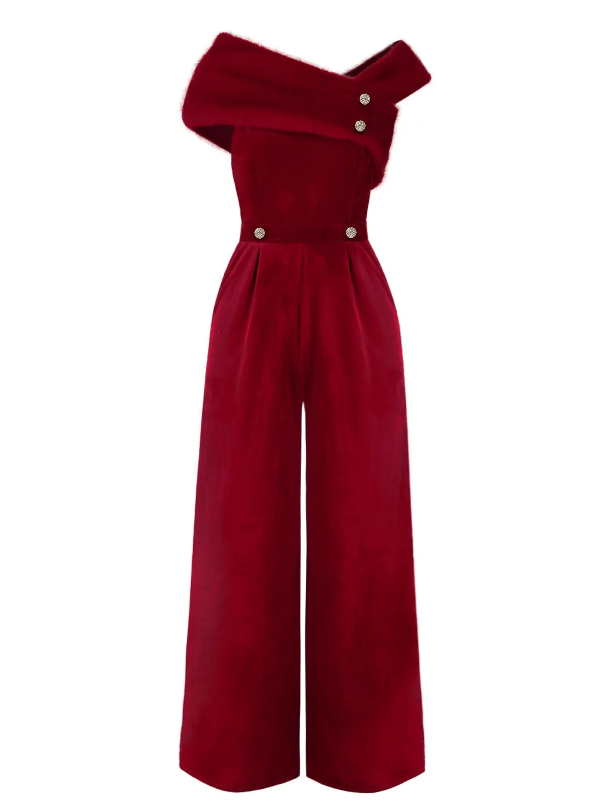 Red 1950s Velvet Off Shoulder Button Jumpsuit sold by Retro Stage product image thumbnail 3