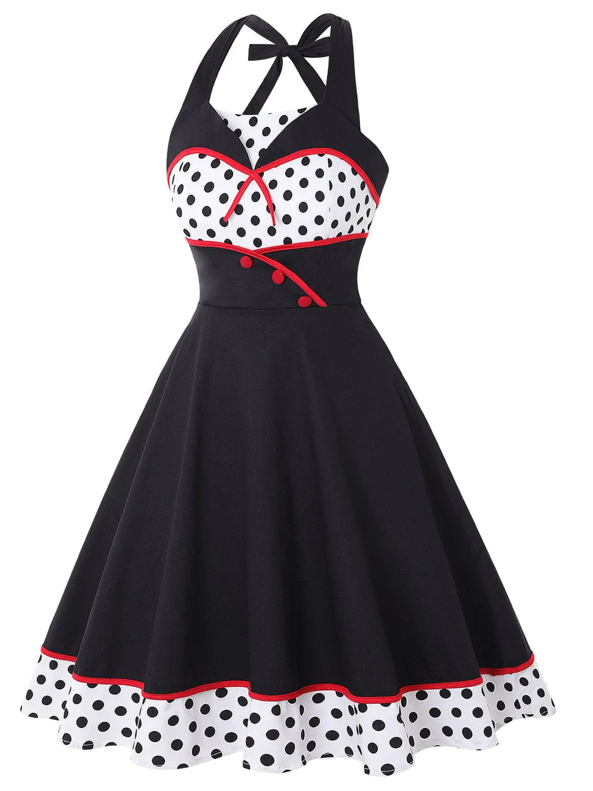 1950s Contrast Polka Dot Patchwork Halter Dress sold by Retro Stage product image thumbnail 2
