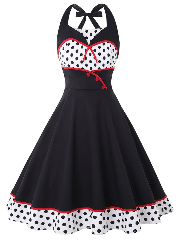 1950s Contrast Polka Dot Patchwork Halter Dress sold by Retro Stage