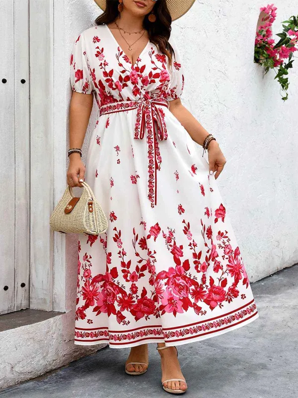 [Plus Size] White 1950s Floral Wrap V-Neck Belt Dress sold by Retro Stage