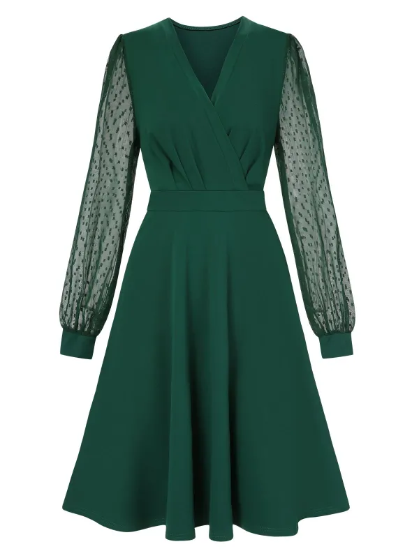 1940s V-Neck Solid Polka Dots Patchwork Dress sold by Retro Stage