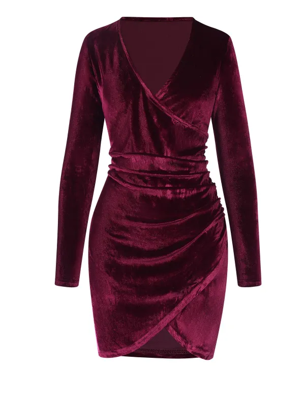 Wine Red 1960s Solid V-Neck Wrap Dress sold by Retro Stage