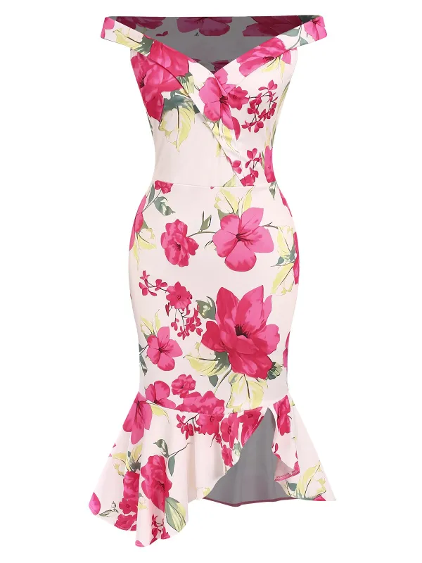 Pink 1930s Off-Shoulder Floral Mermaid Dress sold by Retro Stage