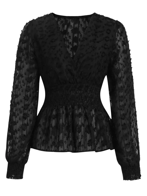 Black 1950s V-Neck Smocked Translucent Top sold by Retro Stage