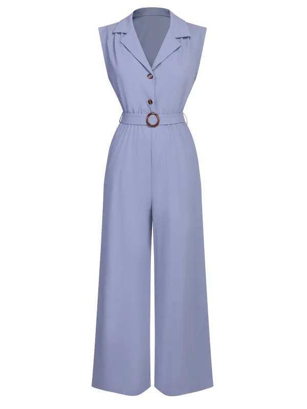 Blue 1950s Solid Cap Sleeves Lapel Jumpsuit sold by Retro Stage