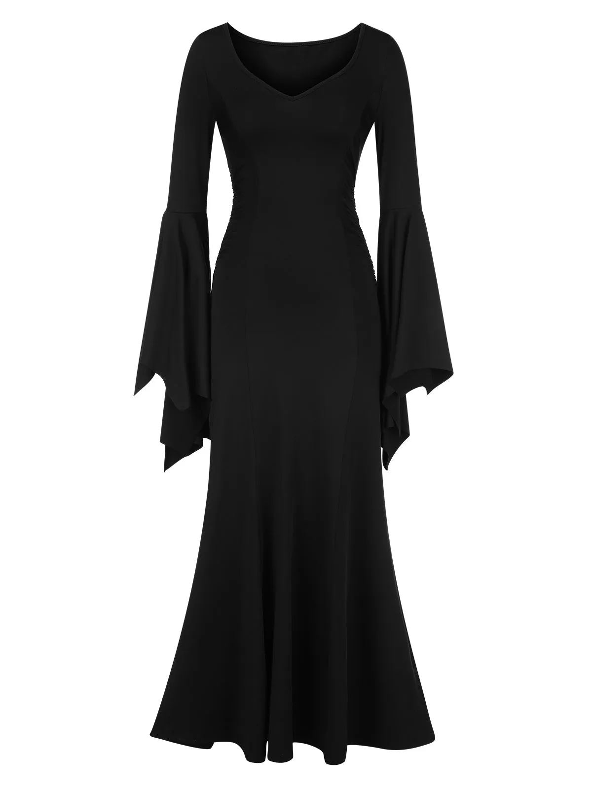 Black 1930s Solid Batwing Cuffs Fishtail Dress sold by Retro Stage