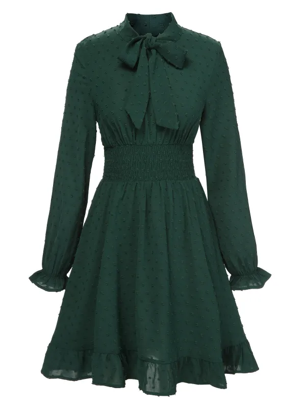 Green 1940s Solid Textured Bow Collar Dress sold by Retro Stage