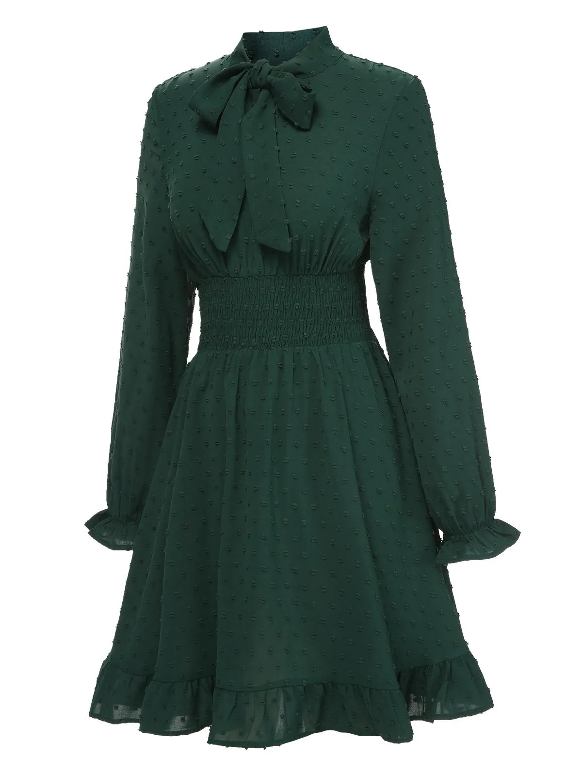 Green 1940s Solid Textured Bow Collar Dress sold by Retro Stage product image thumbnail 2