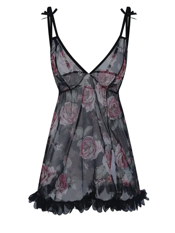 Black 1970s Rose Tulle Lace Trim Nightgown sold by Retro Stage