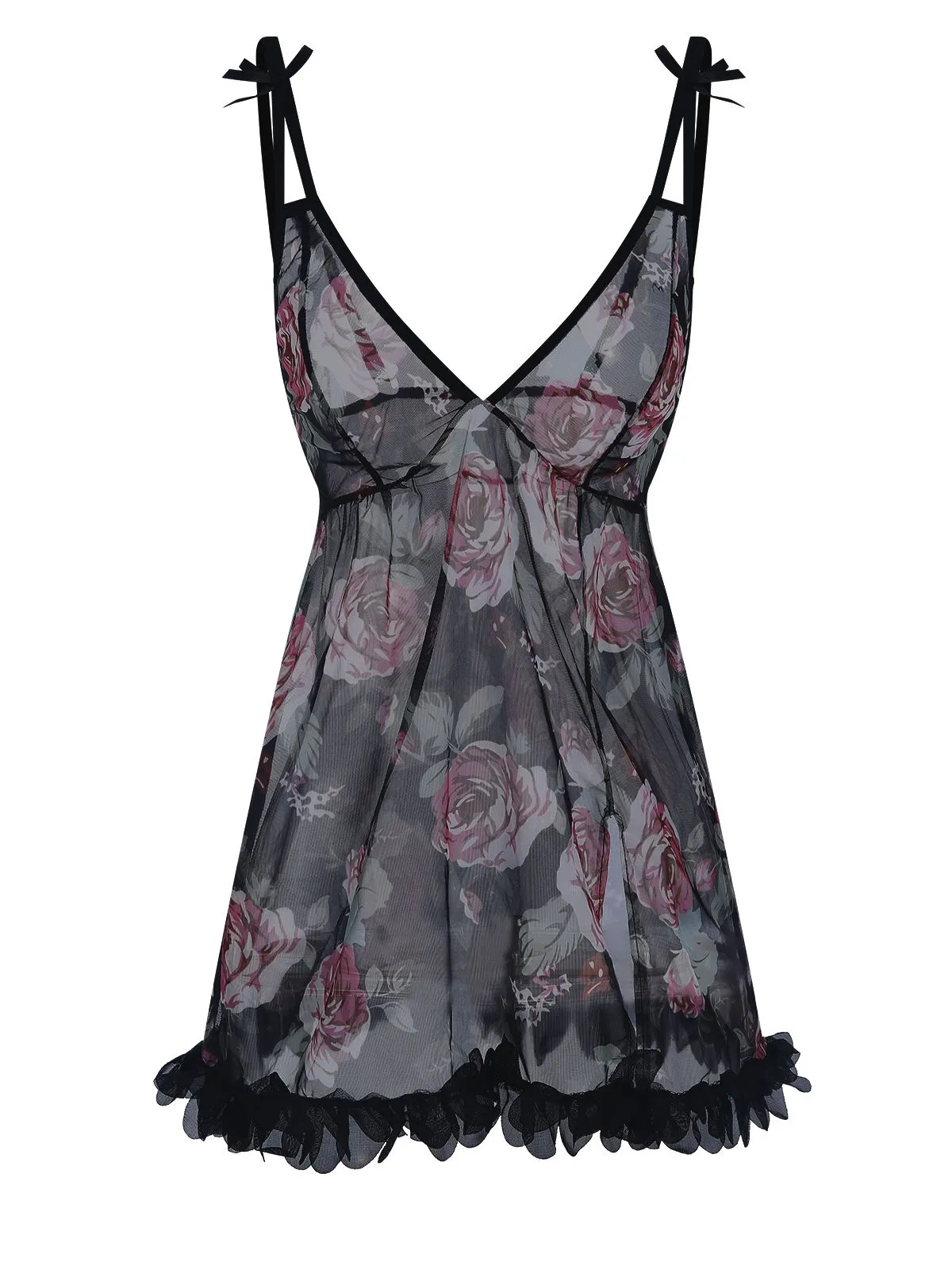 Black 1970s Rose Tulle Lace Trim Nightgown sold by Retro Stage