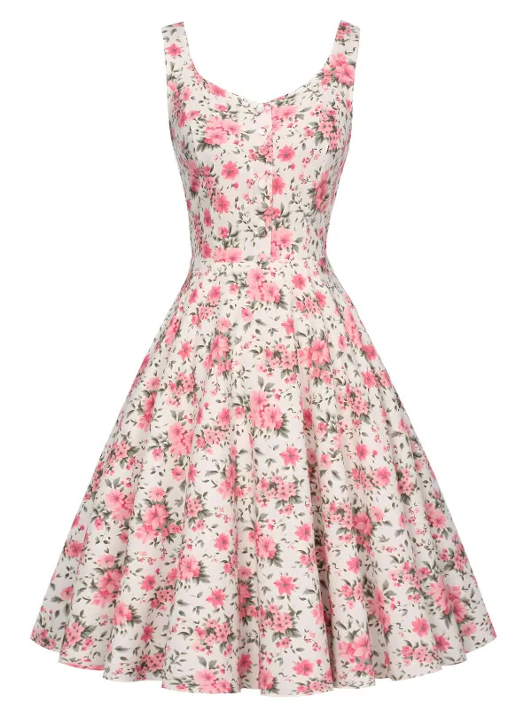 Pink 1950s Ditsy Floral Smocked Dress sold by Retro Stage