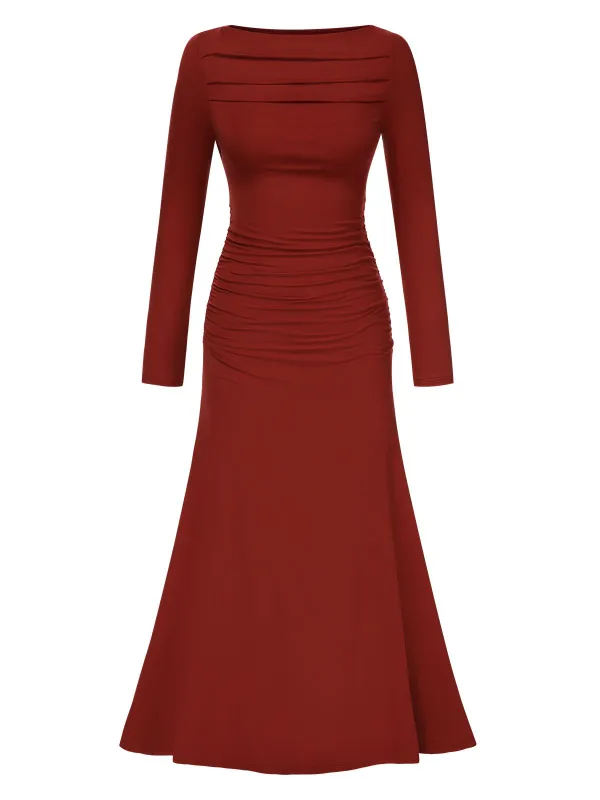 Wine Red 1930s Pleated Long Sleeve Solid Dress sold by Retro Stage
