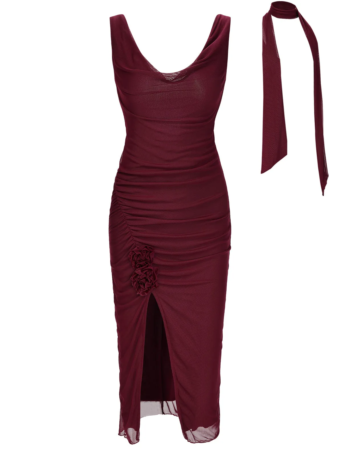 Wine Red 1960s Scarf Slit Backless Dress sold by Retro Stage