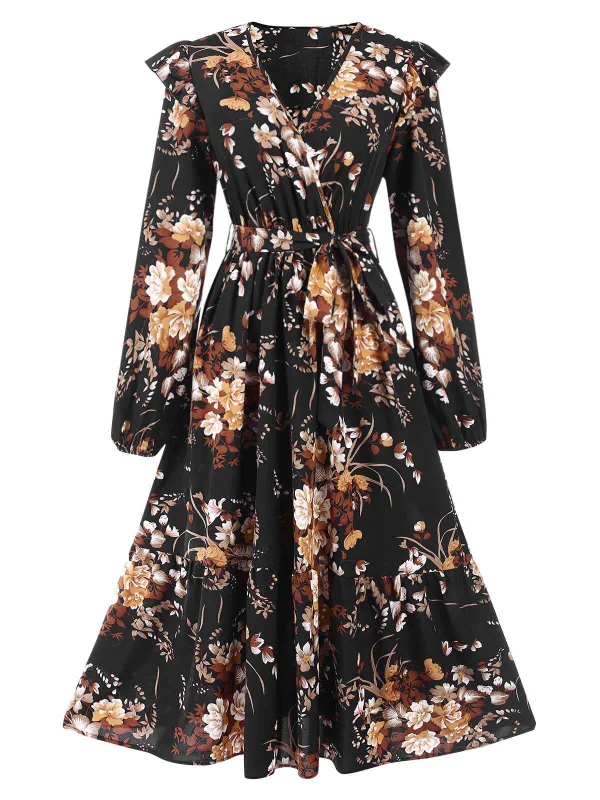 1940s Floral Print V-Neck Wrap Long Sleeve Dress sold by Retro Stage