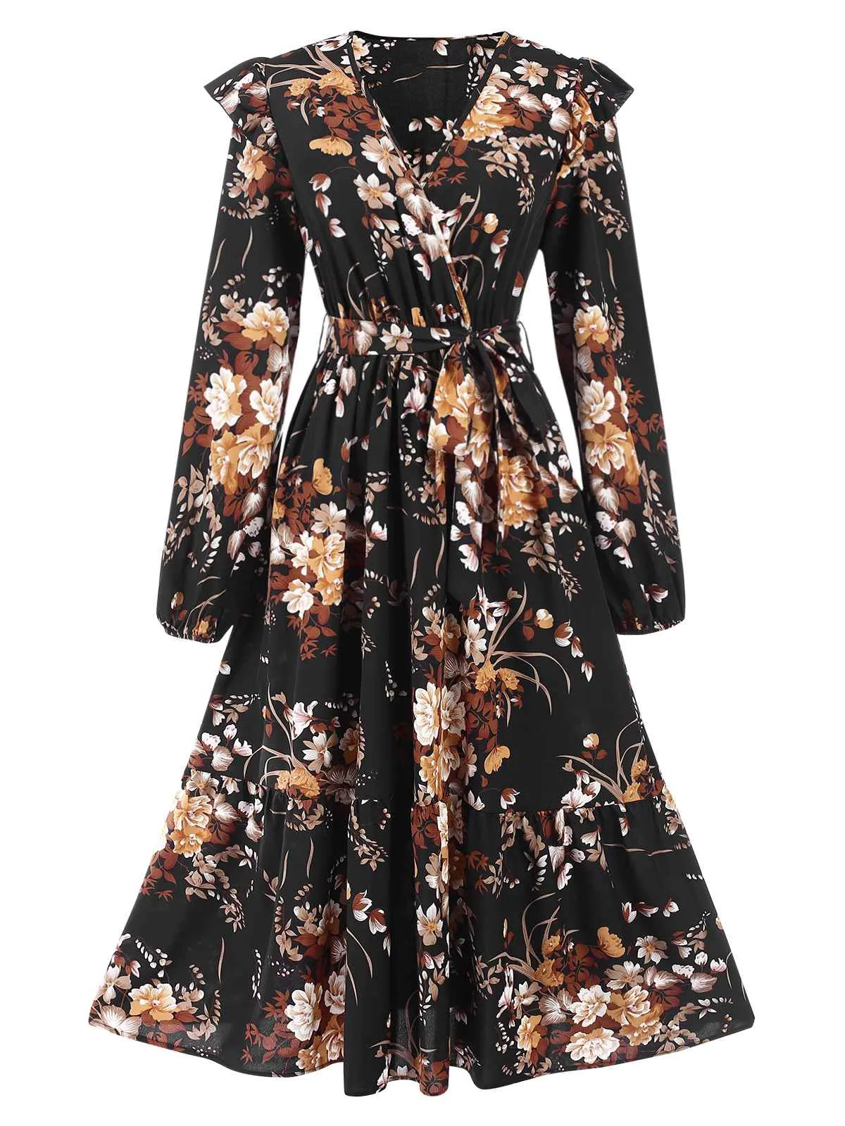 1940s Floral Print V-Neck Wrap Long Sleeve Dress sold by Retro Stage