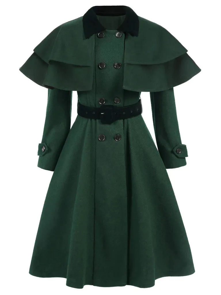 Green 1930s Double-Breasted Belted Coat With Cape sold by Retro Stage product image thumbnail 2