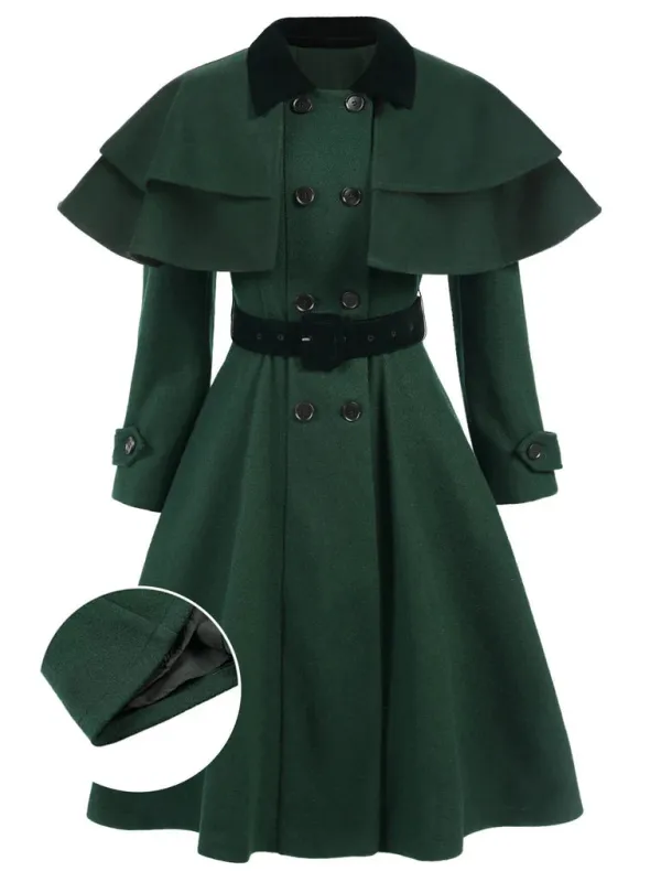 Green 1930s Double-Breasted Belted Coat With Cape sold by Retro Stage