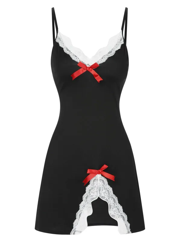 1970s Spaghetti Strap Bow Lace Patchwork Nightgown sold by Retro Stage