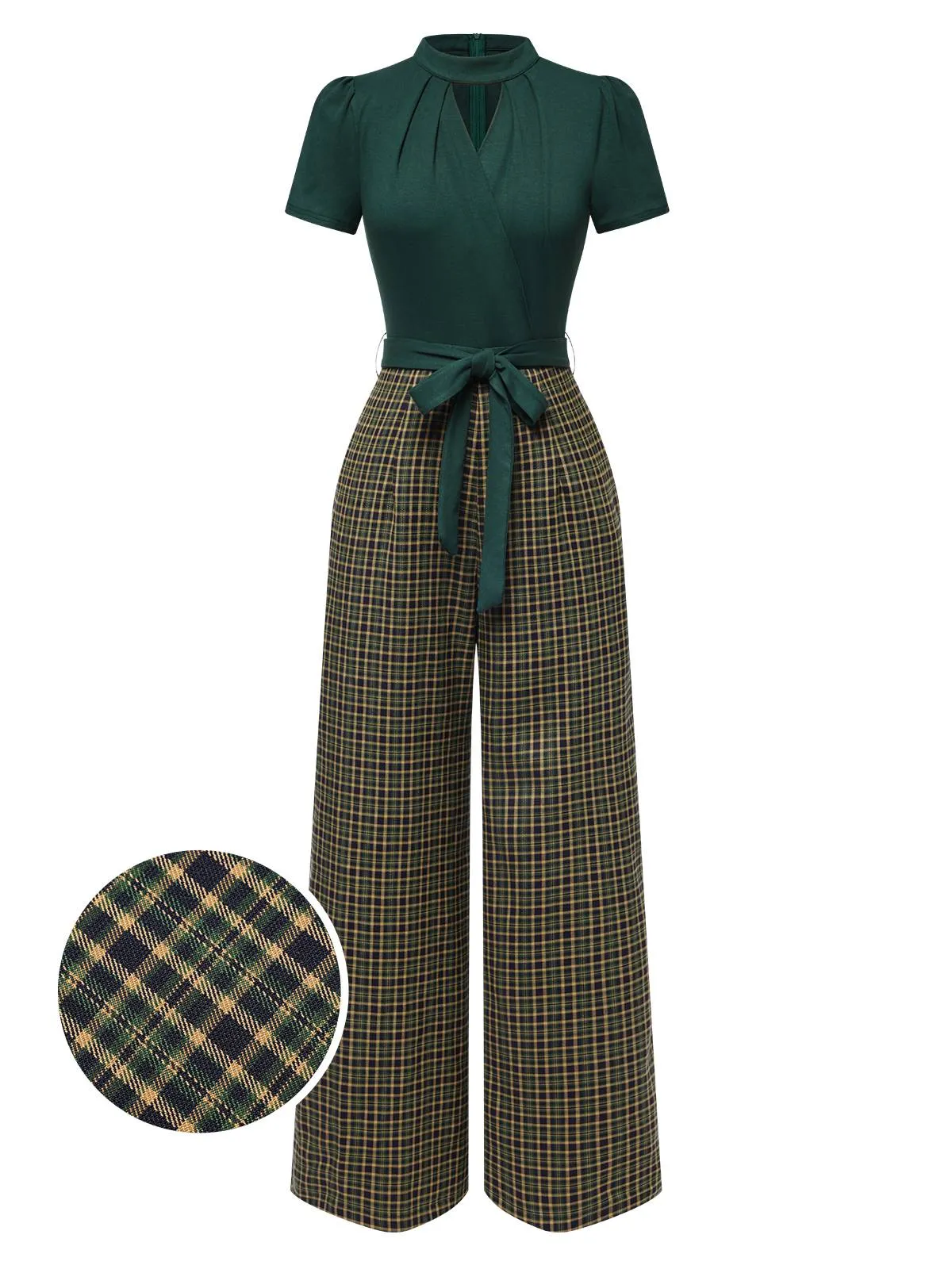 Green 1930s Plaid Keyhole Neck Belted Jumpsuit sold by Retro Stage product image thumbnail 2