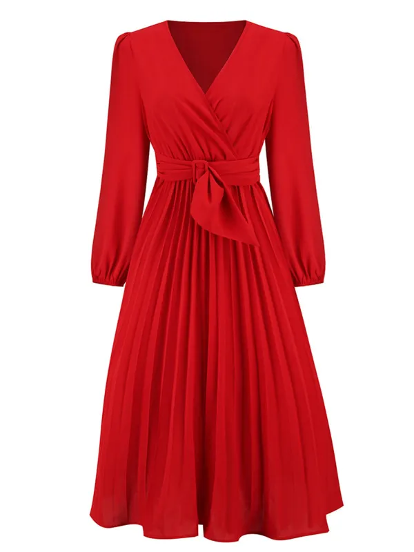 Red 1940s V-Neck Solid Pleated Dress sold by Retro Stage