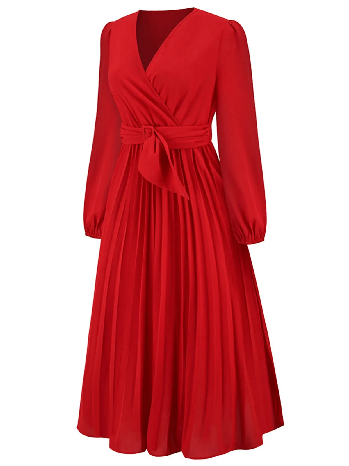 Red 1940s V-Neck Solid Pleated Dress sold by Retro Stage product image thumbnail 2