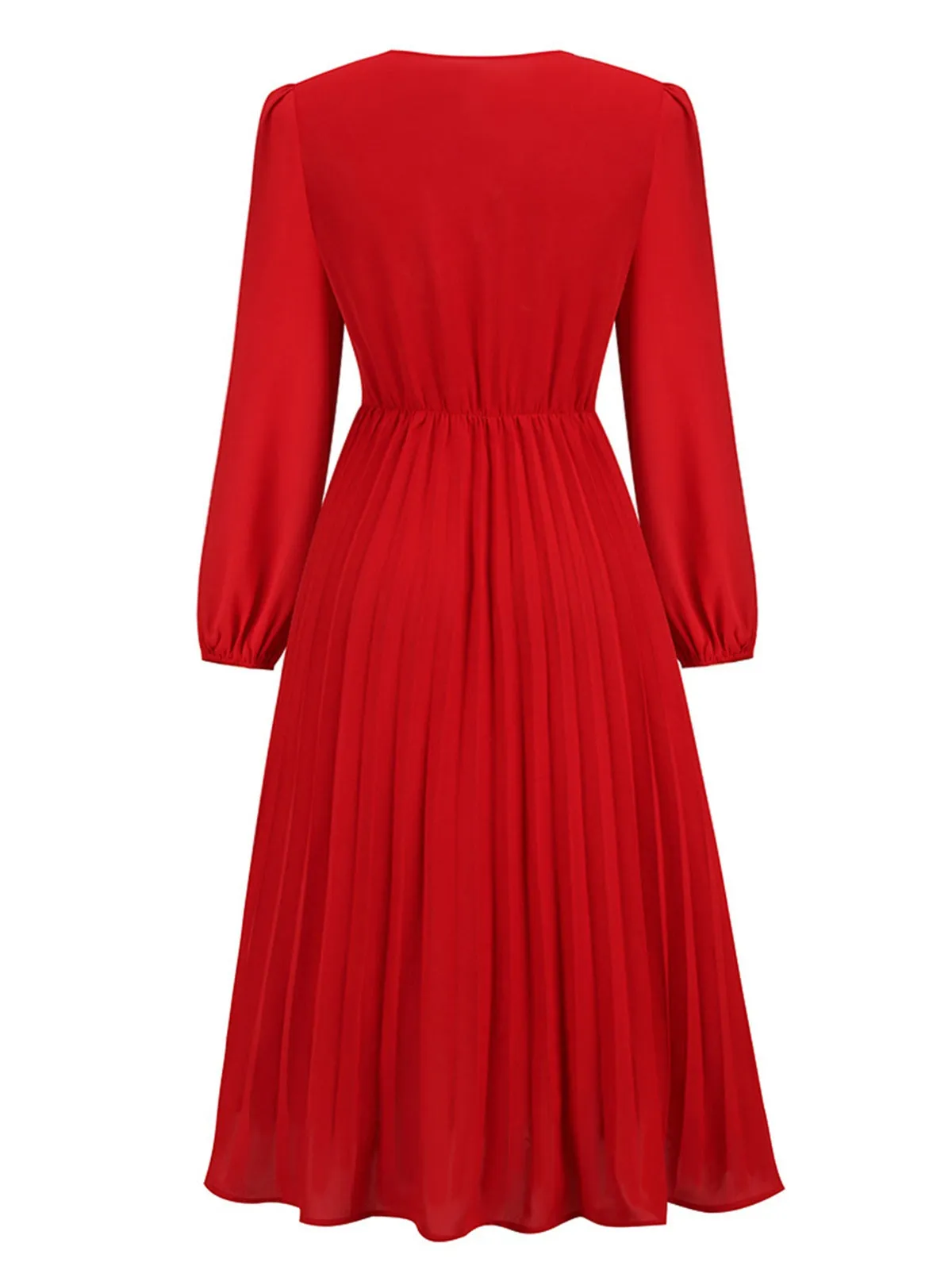 Red 1940s V-Neck Solid Pleated Dress sold by Retro Stage product image thumbnail 3