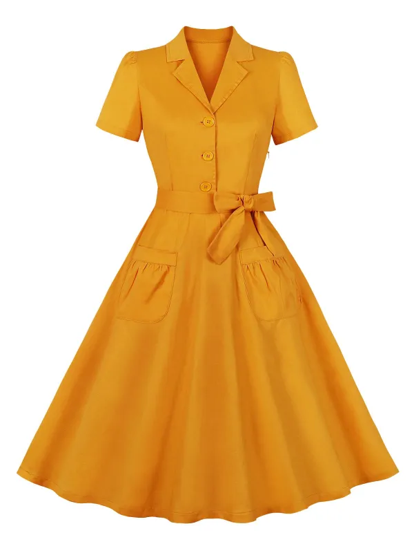 Turmeric 1950s Buttoned Lapel Belted Dress sold by Retro Stage