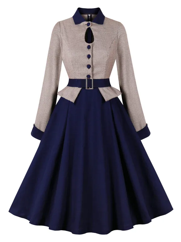 Dark Blue 1950s Houndstooth Patchwork Belted Dress sold by Retro Stage