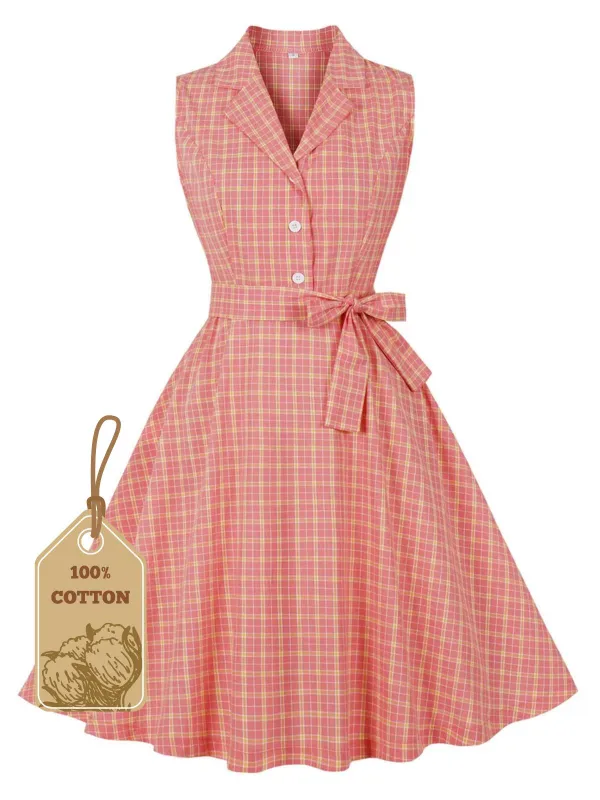 Pink 1950s Plaid Buttoned Lapel Belted Dress sold by Retro Stage