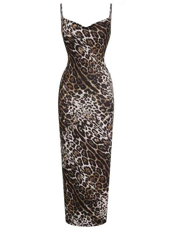 Brown 1960s Leopard Spaghetti Straps Backless Dress sold by Retro Stage