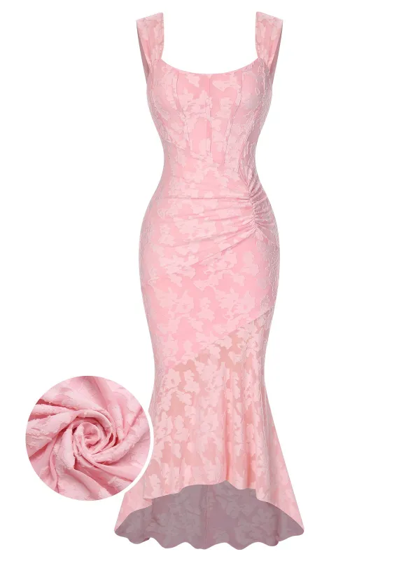 Pink 1930s Printed Textured Fishtail Strapless Dress sold by Retro Stage
