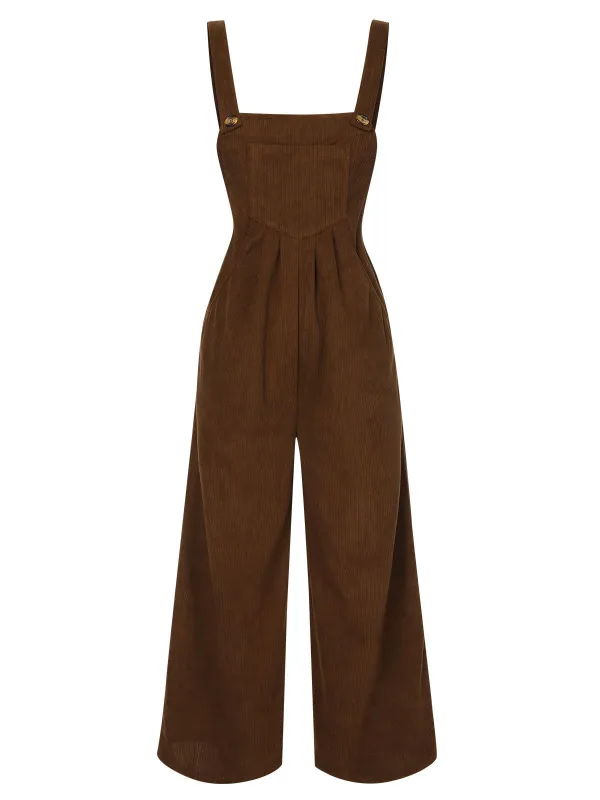 Brown 1930s Solid Corduroy Bib Jumpsuit sold by Retro Stage