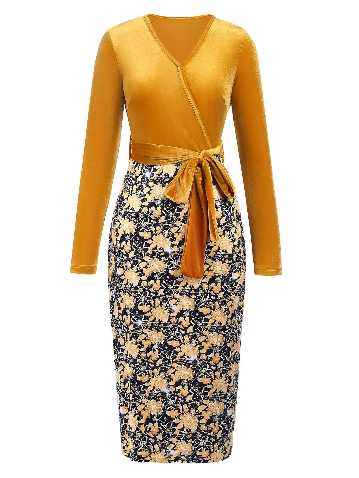 Gold 1960s Floral Patchwork Wrap Belted Dress sold by Retro Stage