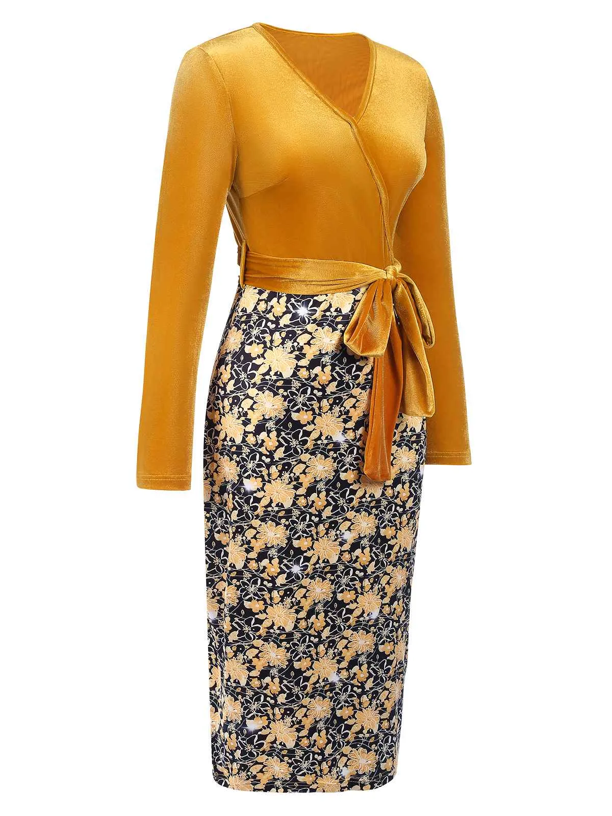 Gold 1960s Floral Patchwork Wrap Belted Dress sold by Retro Stage product image thumbnail 3