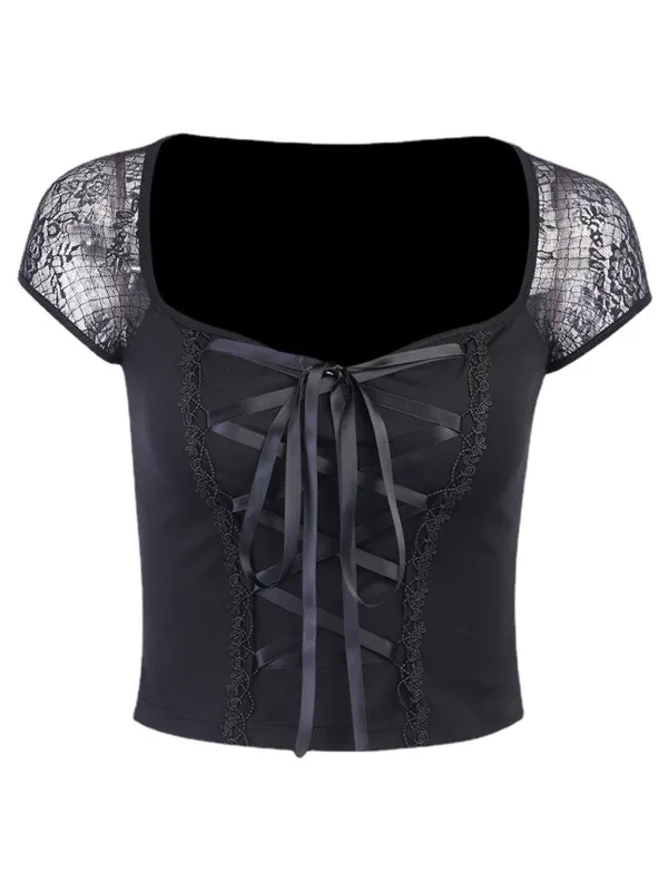 Black 1970s Steampunk Gothic Lace Tie-Front Top sold by Retro Stage