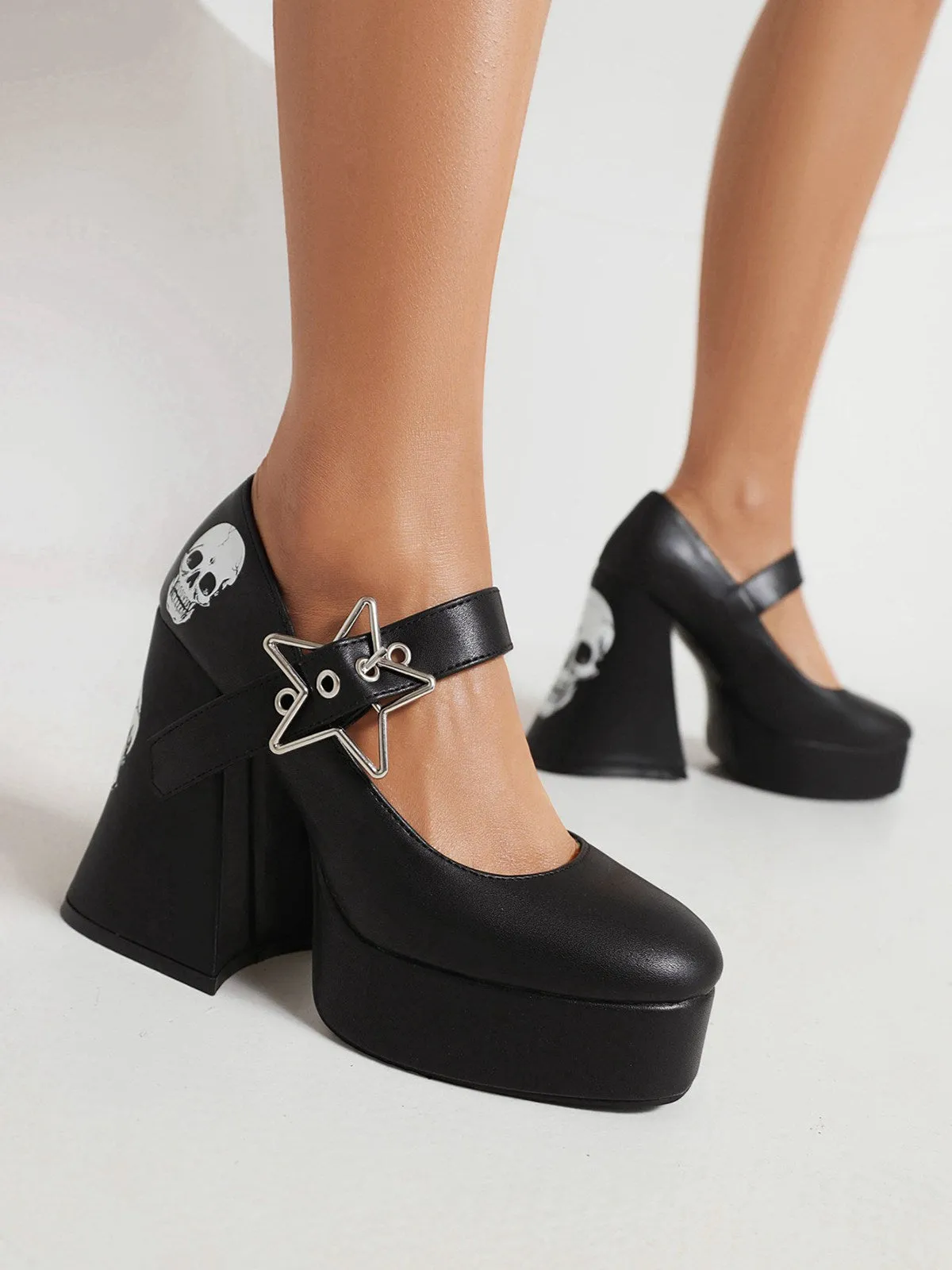 Black Skull Buckle Strap Platform Chunky Shoes sold by Retro Stage product image thumbnail 4