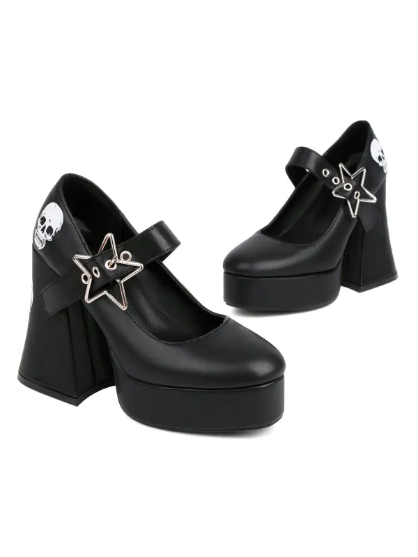 Black Skull Buckle Strap Platform Chunky Shoes sold by Retro Stage
