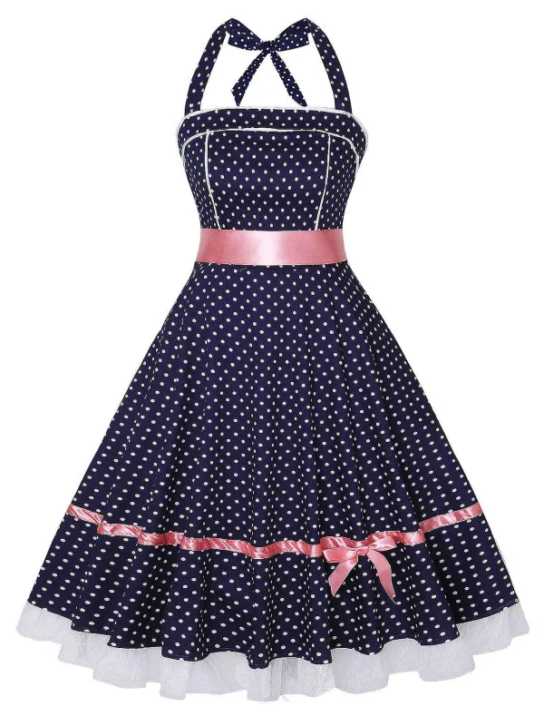 Navy Blue 1950s Polka Dot Halter Dress sold by Retro Stage