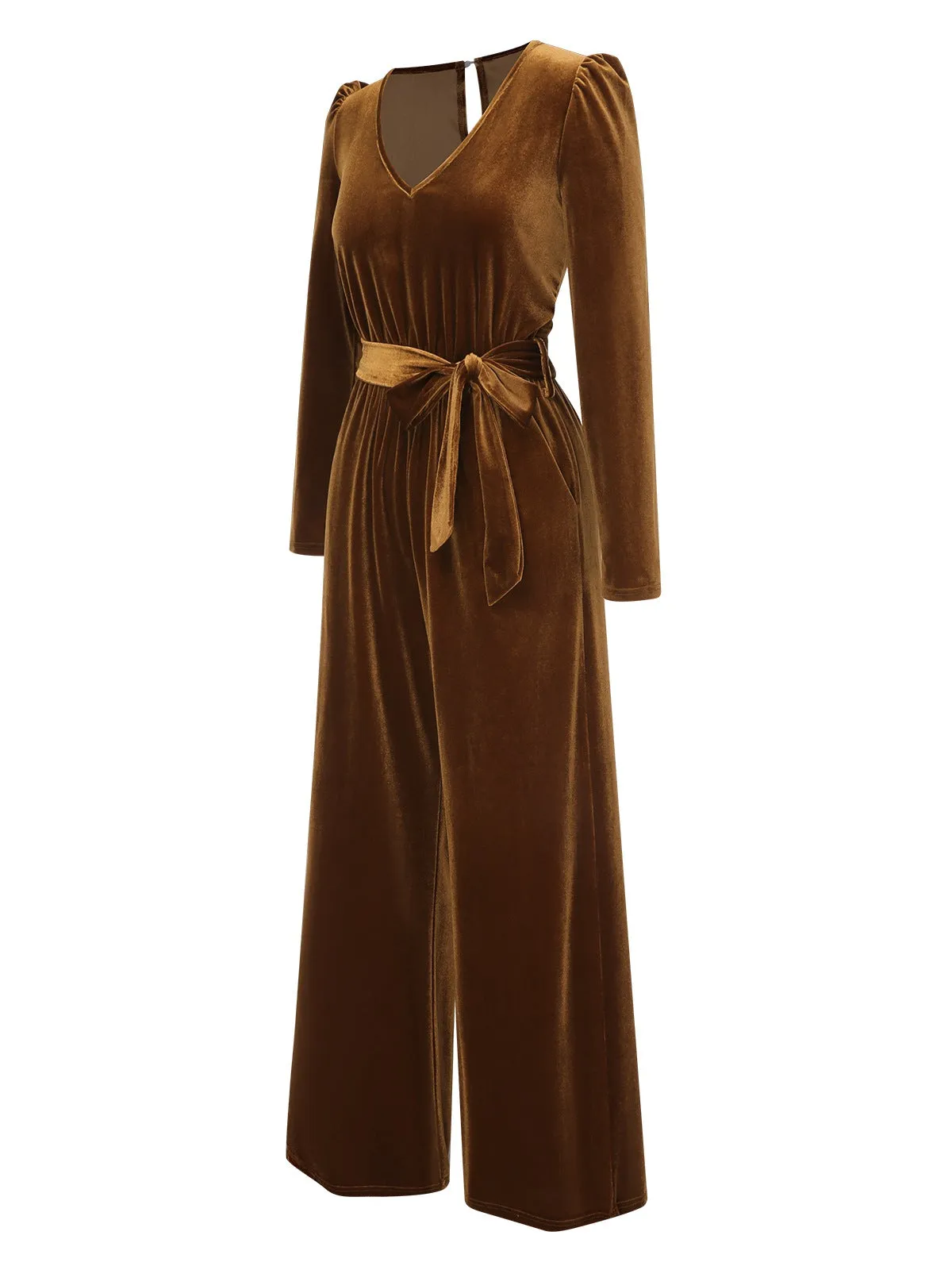 Dark Brown 1930s Solid V-Neck Velvet Jumpsuit sold by Retro Stage product image thumbnail 3